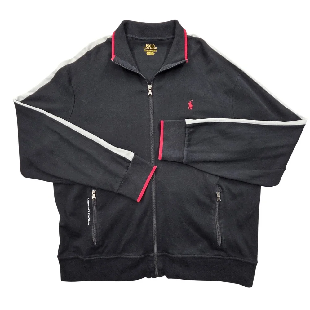 Polo Ralph Lauren Mens XL Black Full Zip Track Jacket Red Pony Side Stripe